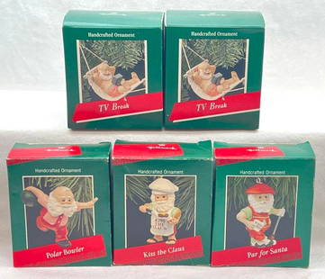 Hallmark Keepsake Ornaments Lot Of 5 Santas: Hallmark Keepsake Ornaments Lot Of 5 Santas. This great lot includes, 1988 Kiss The Claus, 1988 Polar Bowler, 1988 Par For Santa, Two-1989 TV Break. All ornaments are in excellent condition. Boxes