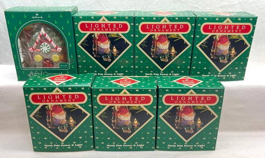 Hallmark Keepsake Ornaments Lot of 7 Lighted: Hallmark Keepsake Ornaments Lot of 7 Lighted. This great lot includes, 1984 Sugarplum Cottage, Six-1987 North Pole Power & Light, one does not have the accessory and instruction sheet bag. All orn