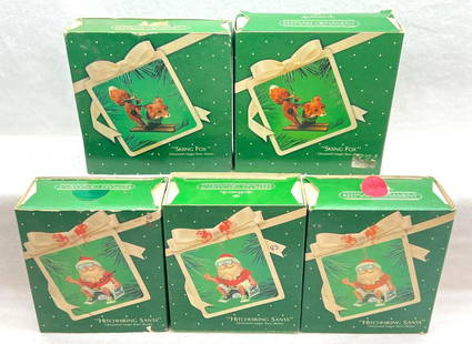 Hallmark Keepsake Ornaments Lot of 5 1983 Skiing Fox and more: Hallmark Keepsake Ornaments Lot of 5 1983 Skiing Fox and more. This lot includes, Two-1983 Skiing Fox, boxes are dirty inside, Three-1983 Hitchhiking Santa. Ornaments are in great shape. Boxes show