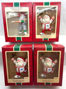 Hallmark Keepsake Ornaments Lot of 4 Santas: Hallmark Keepsake Ornaments Lot of 4 Santas. This great lot includes, Three- 1988 Go For The Gold, 1987 Santa At Bat. Ornaments may or may not have been displayed but show signs of storage. Boxes