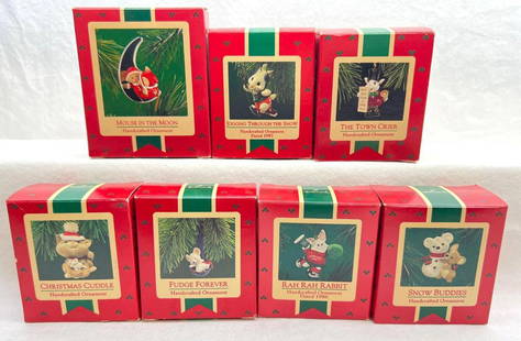 Hallmark Keepsake Ornaments Lot of 7 Snow Buddies Mouse In The Moon and More: Hallmark Keepsake Ornaments Lot of 7 Snow Buddies Mouse In The Moon and More. This lot includes, 1986 Rah Rah Rabbit, 1987 Fudge Forever, 1987 Jogging Through The snow, 1988 The town crier, 1986 Snow