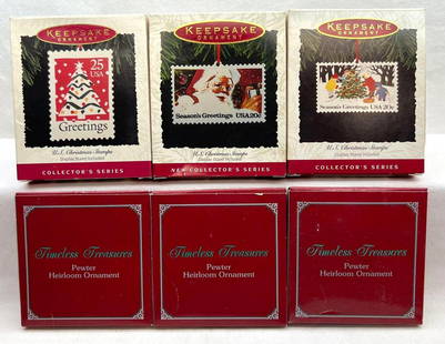 Hallmark Keepsake Ornaments and Timeless Treasures Lot Of 6: Hallmark Keepsake Ornaments and Timeless Treasures Lot Of 6. This lot includes, 1993, 1994, 1995 Hallmark U.S. Christmas Stamps Collector Series, First, Second and Third in the series, Three Timeless