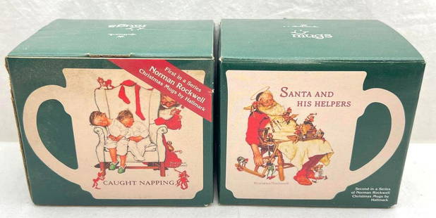 Hallmark Mugs 1988 First and Second in the series: Hallmark Mugs 1988 First and Second in the series. This great lot includes, 1987 Caught Napping Norman Rockwell, First in the series, 1988 Santa And His Helpers Norman Rockwell, second in the series.