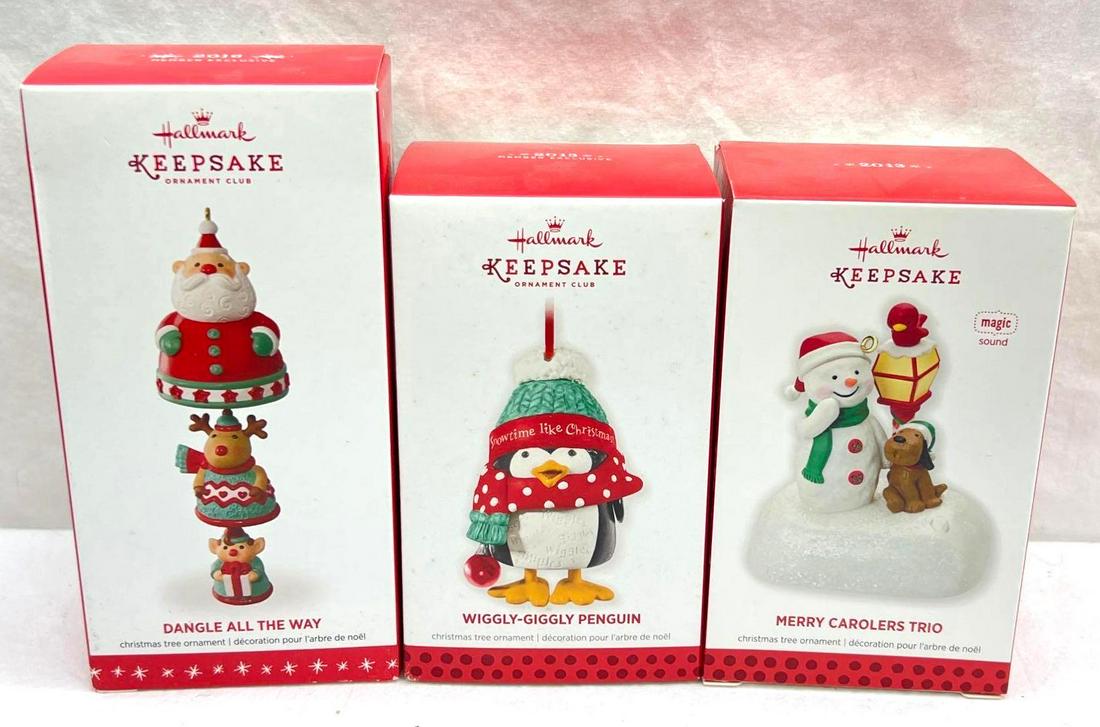 Hallmark Keepsake Ornaments Lot of 3 Wiggly Giggly Penguin and More: Hallmark Keepsake Ornaments Lot of 3 Wiggly Giggly Penguin and More. This lot includes, 2013 Merry Carolers Trio, Like New Never Displayed, magic sound, 2013 Member Exclusive Wiggly-Giggly Penguin, 20
