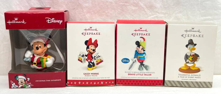 Hallmark Keepsake Ornaments Lot of 4 Mickey Donald Duck and Minnie Mouse: Hallmark Keepsake Ornaments Lot of 4 Mickey Donald Duck and Minnie Mouse. This lot includes, 2013 Brave Little Tailor, second in the Mickey's Movie Mouseterpieces Series, 2014 Thankful Donald, A Y