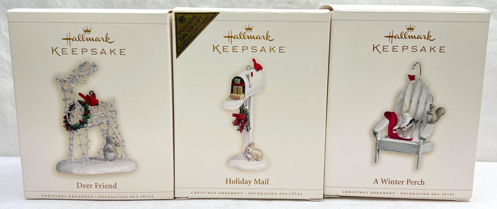 Hallmark Keepsake Ornaments Lot of 3 VIP Holiday Mail A Winter Perch and MORE: Hallmark Keepsake Ornaments Lot of 3 VIP Holiday Mail A Winter Perch and MORE. This lot includes, 2006 Deer Friend, 2006 A Winter Perch, 2006 VIP Gift Holiday Mail. Ornaments are in excellent conditio