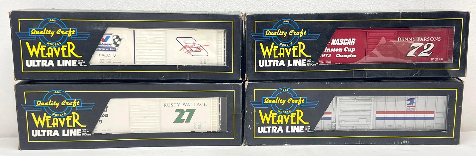 Modern Era Weaver O Gauge 1500 AMTRAK 50' boxcar three more: Modern Era Weaver O Gauge 1500 AMTRAK 50' boxcar, 27 Rusty Wallace boxcar, 6 Mark Martin boxcar, 72 Benny Parsons boxcar. Trains are C8 light run time, boxes show light to mild wear.