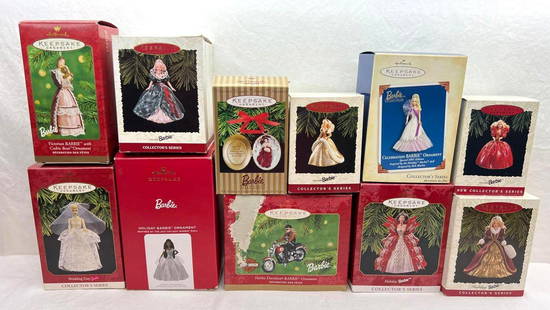 Hallmark Keepsake Ornaments Lot of 11 Barbies: Hallmark Keepsake Ornaments Lot of 11 Barbies. This great lot includes, 2021 Holiday Barbie, 2001 Harley-Davidson Barbie, front wheel is broke at the forks, ornament is damages, box has damage on fron