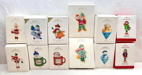 Hallmark Keepsake Ornaments Lot of 12 Mom and Dad: Hallmark Keepsake Ornaments Lot of 12 Mom and Dad. This lot includes, 2008 Mom, 2008 Dad, 2011 Mom, 2011 Dad, 2010 Happy Holi-Dad, no stickers, 2010 Merry-Making Mom, no stickers, 2012 Mom, 2012 Dad,