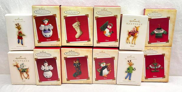 Hallmark Keepsake Ornaments Lot of 12 Mom and Dad: Hallmark Keepsake Ornaments Lot of 12 Mom and Dad. This lot includes, 2002 Mom, 2002 Dad, 2003 Mom, 2003 Dad, 2004 Mom, 2004 Dad, 2005 Mom, 2005 Dad, 2006 Mom, 2006 Dad, 2009 Kitchen Queen, 2009 What