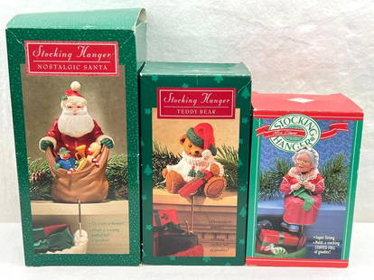 Hallmark Keepsake Ornaments Lot of 3 Stocking Hangers: Hallmark Keepsake Ornaments Lot of 3 Stocking Hangers. This lot includes, 1988 Mrs. Claus Stocking Hanger, Teddy Bear Stocking Hanger, Nostalgic Santa Stocking Hanger. Hangers are used but are in