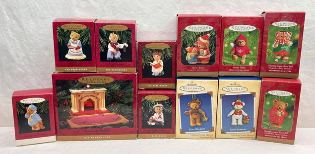 Hallmark Keepsake Ornaments Lot of 12 Teddy Bears Bearingers Gift Bearers And More: Hallmark Keepsake Ornaments Lot of 12 Teddy Bears Bearingers Gift Bearers And More. This lot includes, 1993 Flickering Light Fireplace, The Bearingers, table top display, 1993, Papa Bearinger, 1993