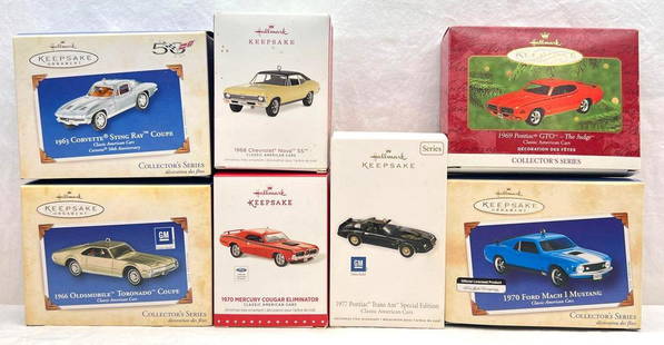 Hallmark Keepsake Ornaments Lot of 7 Classic American Cars Series: Hallmark Keepsake Ornaments Lot of 7 Classic American Cars Series. This lot includes, 2000 1969 Pontiac GTO- The Judge, tenth in the Classic American Cars Series, 2002 1970 Ford Mach I Mustang,