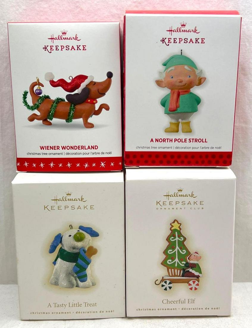 Hallmark Keepsake Ornaments Lot of 4 Wiener Wonderland A Tasty Little Treat and More: Hallmark Keepsake Ornaments Lot of 4 Wiener Wonderland A Tasty Little Treat and More. This lot includes, 2009 Cheerful Elf, 2009 A Tasty Little Treat, 2013 Limited Edition A North Pole Stroll, 2016 Wi