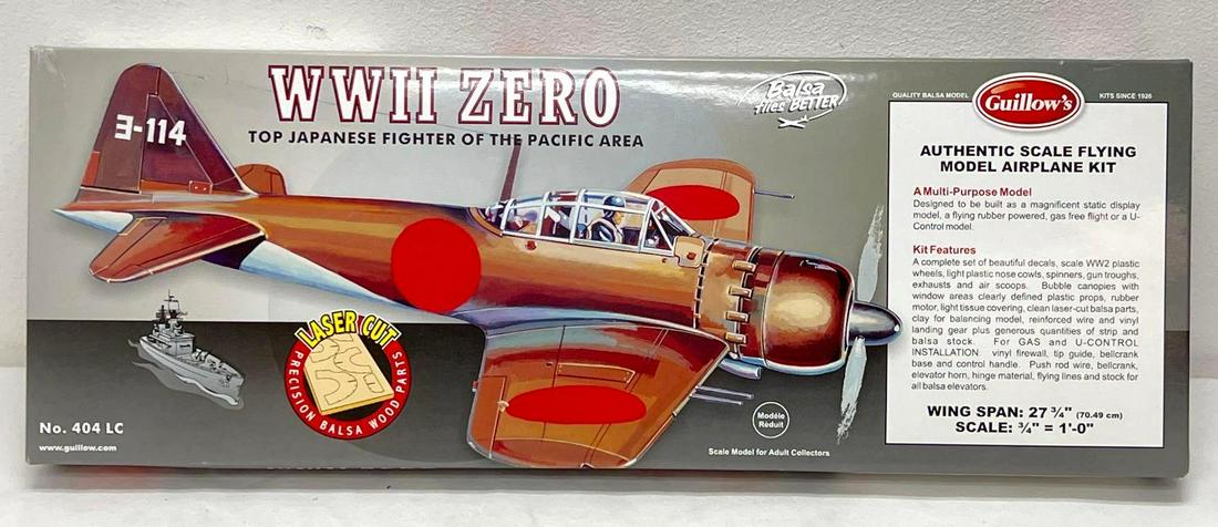 Guillow's 404LC 3/4" scale WWII Zero unbuilt in original box: Guillow's 404LC 3/4" scale WWII Zero unbuilt in original box with instructions, decals, parts in bag, etc. Box shows little wear.