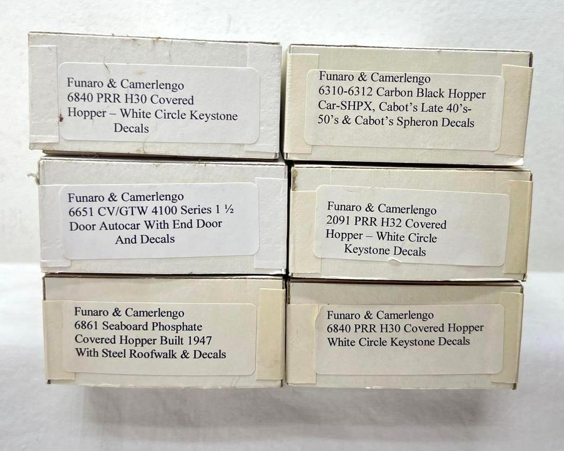 Six Funaro & Camerlengo HO Scale unbuilt resin kits in box: Six Funaro & Camerlengo HO Scale unbuilt resin kits in original boxes, C9-10. 6310-6312 Carbon Black Hopper Car-SHPX, Cabot's Late 40's-50's & Cabot's Spheron Decals. 2091 PRR 