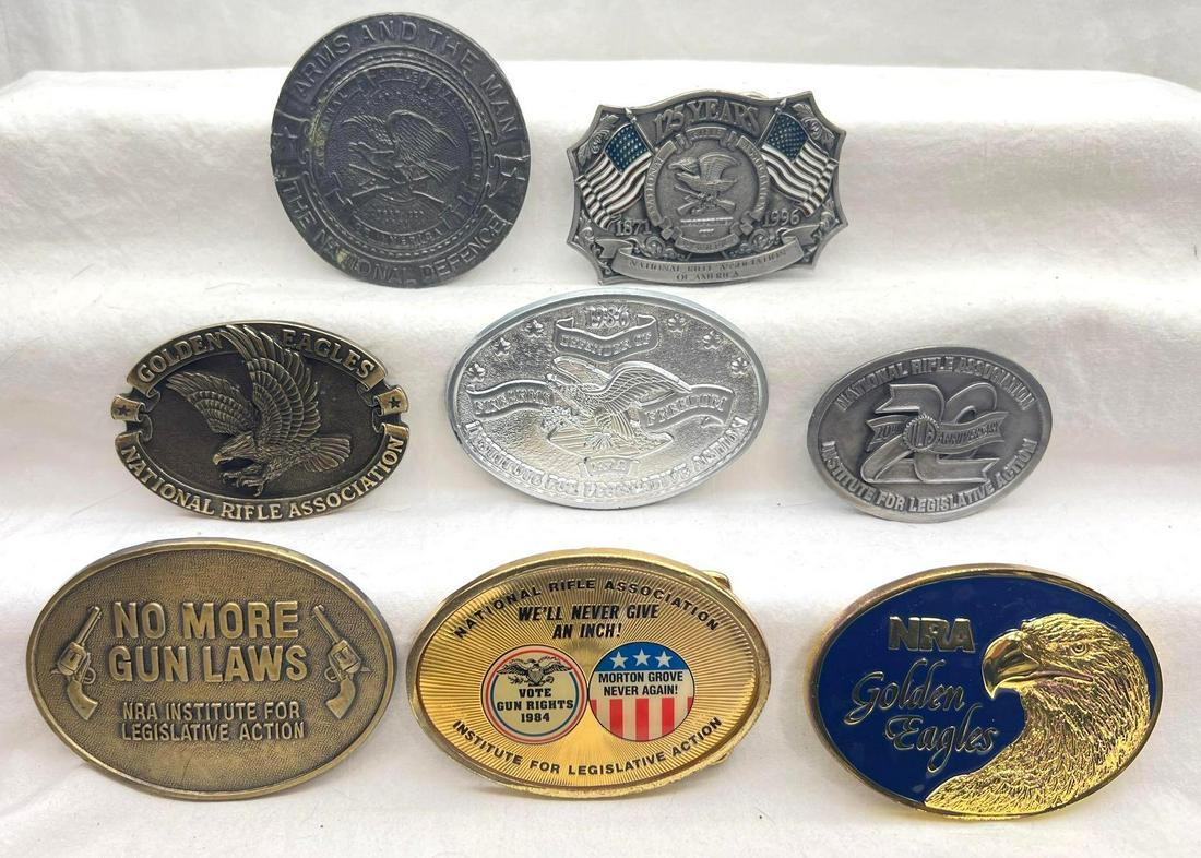 Eight NRA Belt Buckles Golden Eagles anniversaries more: Eight NRA Belt Buckles. This lot includes, We'll Never Give An Inch belt buckle, no markings, No More Gun Laws NRA belt buckle, Norman Foundry Dallas 75243, NRA 20th Anniversary belt buckle, numbe