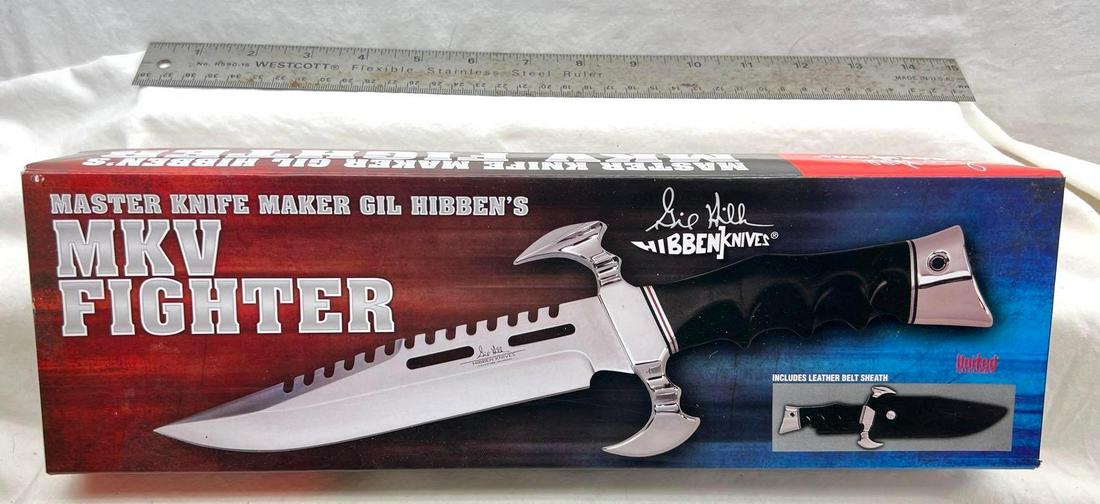 Hibben Knifes MKV Fighter United Cutlery with Sheath: Hibben Knifes MKV Fighter United Cutlery with Sheath. The 7 7/8 " slotted, 5mm thick 3Cr13 stainless steel blade features a split saw tooth back. The black Micarta handle features deeply cut finge