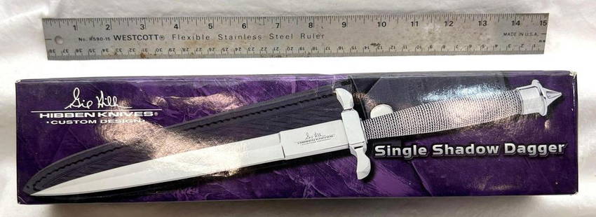 Hibben Knives Single Shadow Dagger United Cutlery with Sheath: Hibben Knives Single Shadow Dagger United Cutlery with Sheath. #GH441. This adult collectable features a stainless steel blade with stainless wire wrapped handle. Polished handle and guards. Measuring