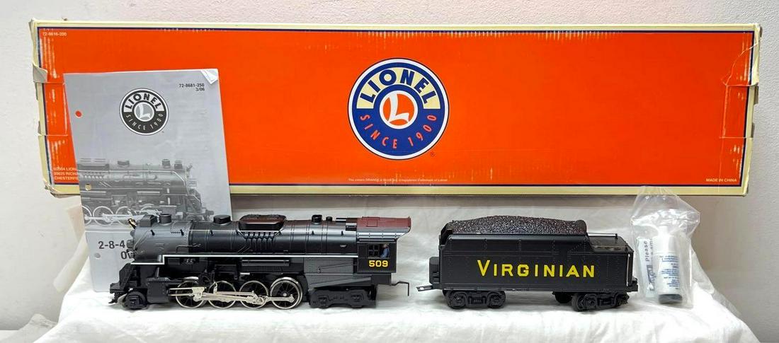 Modern Era Lionel O Gauge 28681 Virginian 2-8-4: Modern Era Lionel O Gauge 28681 Virginian 2-8-4 Berkshire locomotive and tender in original box with instructions and peripherals in sealed bag, C8 with moderate run time. Loco features TrainSounds an