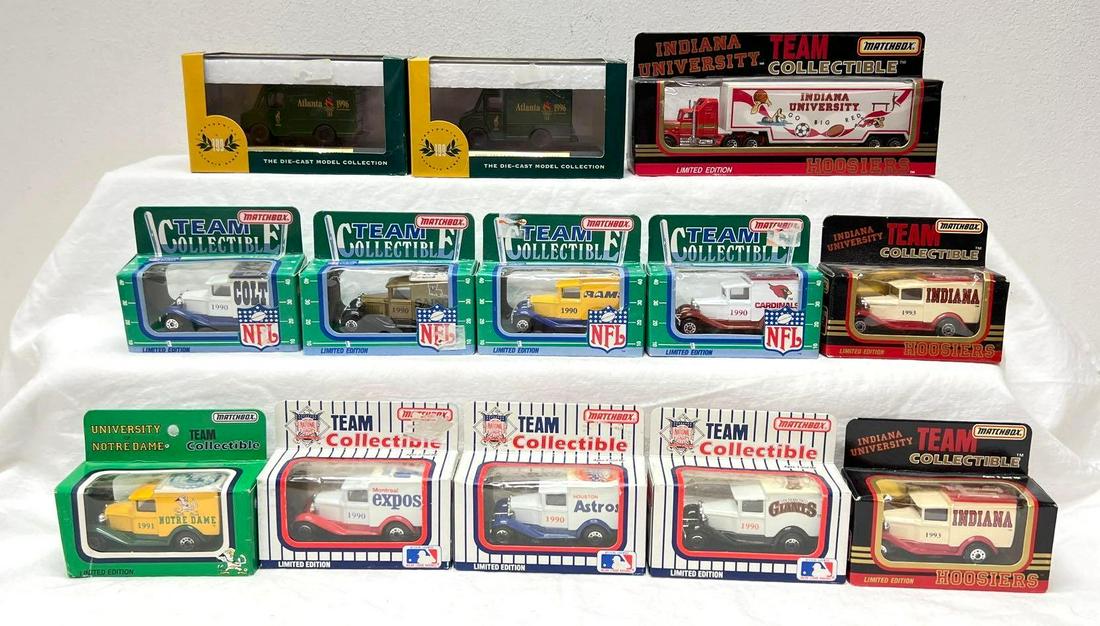 Matchbox Team Collectibles lot of thirteen in boxes: Matchbox 1:64 scale die-cast Team Collectibles lot of thirteen vehicles in original boxes/packages. Packages show little wear, some price stickers, some storage dust. Vehicles may or may not have been