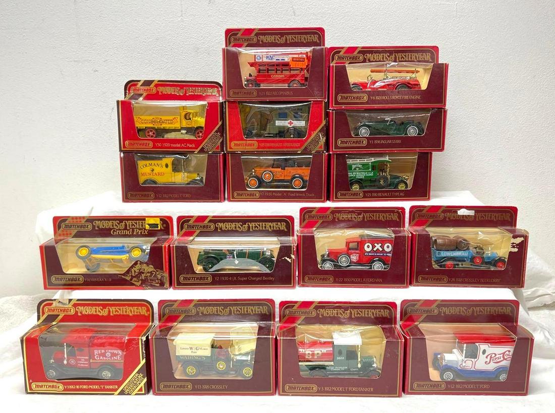 Sixteen Matchbox Models of Yesteryear in box: Sixteen die-cast Matchbox Models of Yesteryear vehicles in original boxes. Boxes/packages show little to light wear, some price stickers, some crinkling to cellophane display windows. Vehicles may or