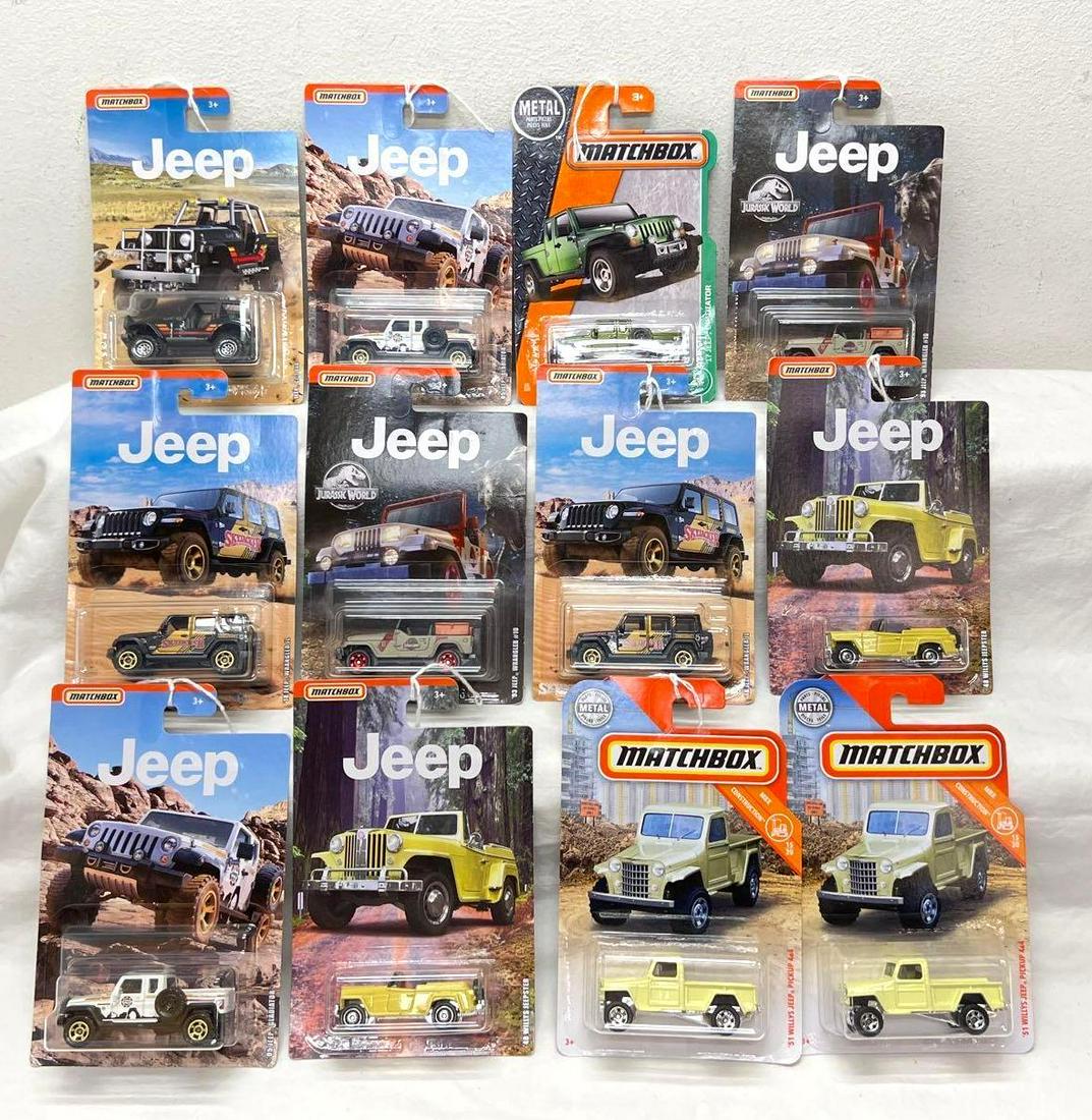 Matchbox Twelve Jeep trucks Mint on Card: Matchbox, Twelve die-cast Jeep trucks, never removed from cards, cards show slight curling to some, super light wear to corners. Two '18 Jeep Wrangle JL (Skyjacker), two '05 Jeep Gladiator, tw