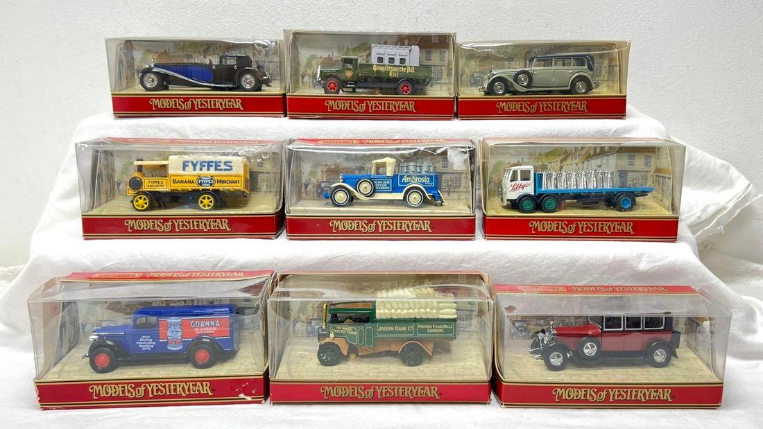 Nine Matchbox Models of Yesteryear in box: Nine die-cast Matchbox Models of Yesteryear vehicles in original packages. Packages show little to mild wear, some wrinkling of display windows, some price stickers, some sticker removal, some crushin