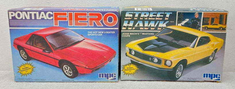 MPC 1-0883 Pontiac Fiero 1-0687 Street Hawk unbuilt kits: MPC 1-0883 Pontiac Fiero 1/25 scale, kit appears complete, some painted parts, parts on sprue, some loose parts, instructions sheet, decals. 1-0687 Street Hawk Jesse Mach's Mustang Coupe, some pai