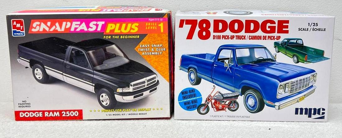 AMT 6199 Ram 2500 MPC '78 D100 unbuilt kits in box: AMT 6199 Dodge Ram 2500 unbuilt kit appears complete with parts on sprue in bag, loose, instructions sheet, decals, literature. MPC '78 Dodge D100 pickup truck, appears complete with parts on spru