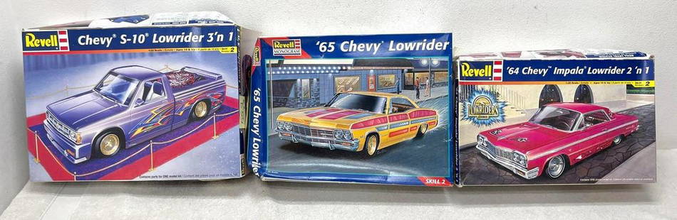 Revell 1:25 85-2515 85-2574 85-2569 model kits in original boxes: Revell 1:25 Scale 85-2515 '65 Chevy Lowrider, kit appears complete with parts on sprue in bags, instructions sheet, decals sheet; 85-2574 '64 Chevy Impala Lowrider 2 'n 1, kit appears complete with pa