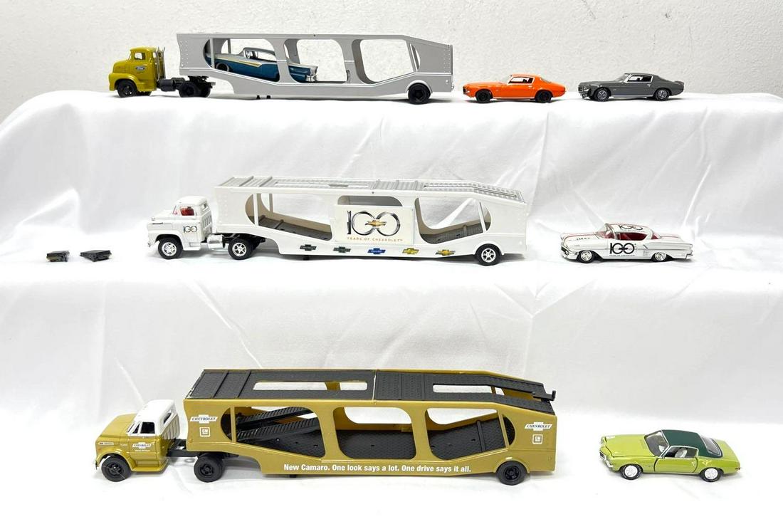 Three 1/64 die-cast M2 Machines semi tractors and trailers with five cars (1 of 14)