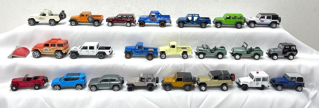 1/64 die-cast Matchbox Johnny Lightning Greenlight Hot Wheels more 23 JEEPs: Twenty-three 1/64 scale die-cast Jeep cars and trucks from Matchbox, Johnny Lightning, Greenlight, Hot Wheels and Racing Champions. 2002 Racing Champions Compass. Hot Wheels 1967 Jeepster Commando and