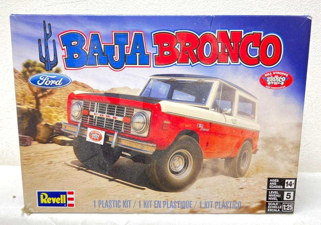 Revell 1:25 scale 85-4436 Ford Baja Bronco model kit in sealed bags in original box: Revell 1:25 scale 85-4436 Ford Baja Bronco model kit in sealed bags in original box, box shows no wear other than a little scuff to a corner of lid. Carefully view the photos of the items in this lot