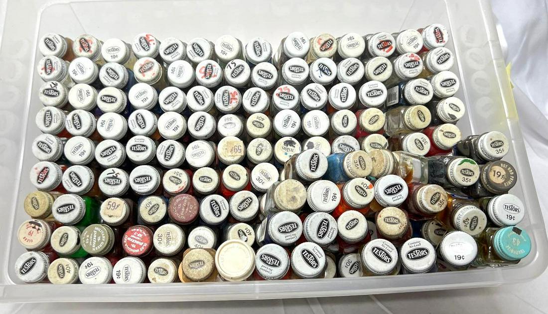 Two hundred and seventy-four/274 bottles of Testors and Pactra model paint: Two hundred and seventy-four/ 274 bottles of Testors and Pactra model paint, and a few bottles of decal set. Paints have been sitting for more than a year, some are newer $.40 some are older $.15, the