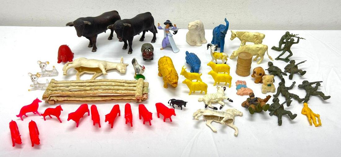 Schleich Am Lines Mattel others Dinosaurs Farm Soldiers: Schleich Am Lines, Mattel and others marked but illegible and unmarked plastic; Dinosaurs/Prehistoric Animals, Farm Animals, African Safari Animals, toy Soldiers, Jasmine, Polar Bear, clear plastic (m