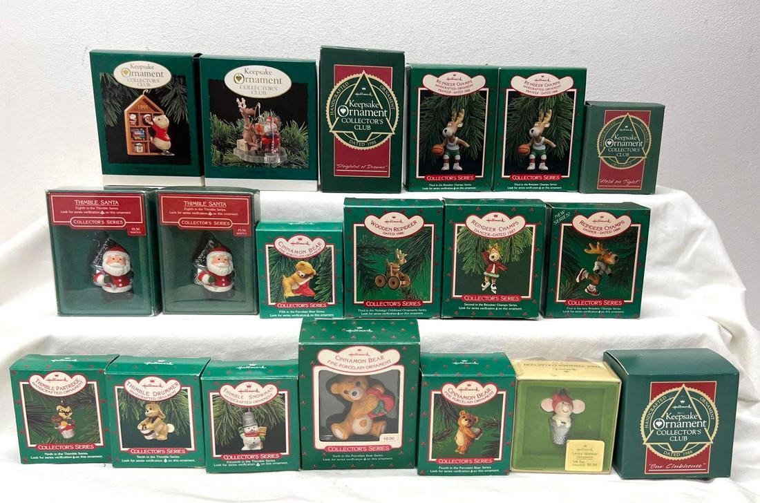 Hallmark Keepsake Ornaments Lot of 19 Collectors Club Thimble Series Reindeer Champs and More: Hallmark Keepsake Ornaments Lot of 19 Collectors Club Thimble Series Reindeer Champs and More. This lot includes, 1995 Fishing For Fun Keepsake Membership, 1988 Sleighful Of Dreams Collector Club, 198
