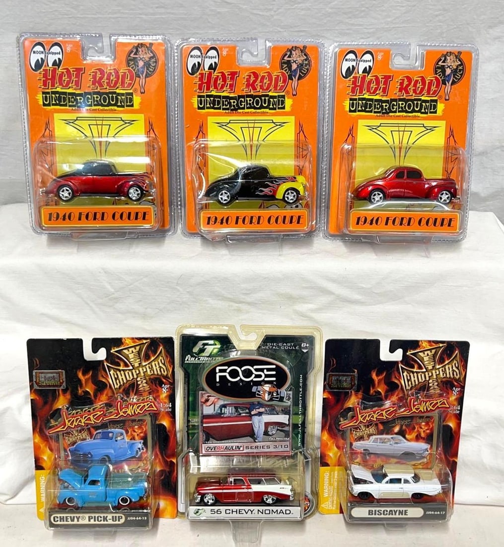 1:64 die-cast cars on card Foose Jesse James Hot Rod Underground: 1:64 scale die-cast cars on card, never removed. Cards are flat, some minor/mild corner dings. Foose Designs Full Throttle '56 Chevy Nomad, Jesse James West Coast Choppers Slam! Biscayne JJ04-64-1