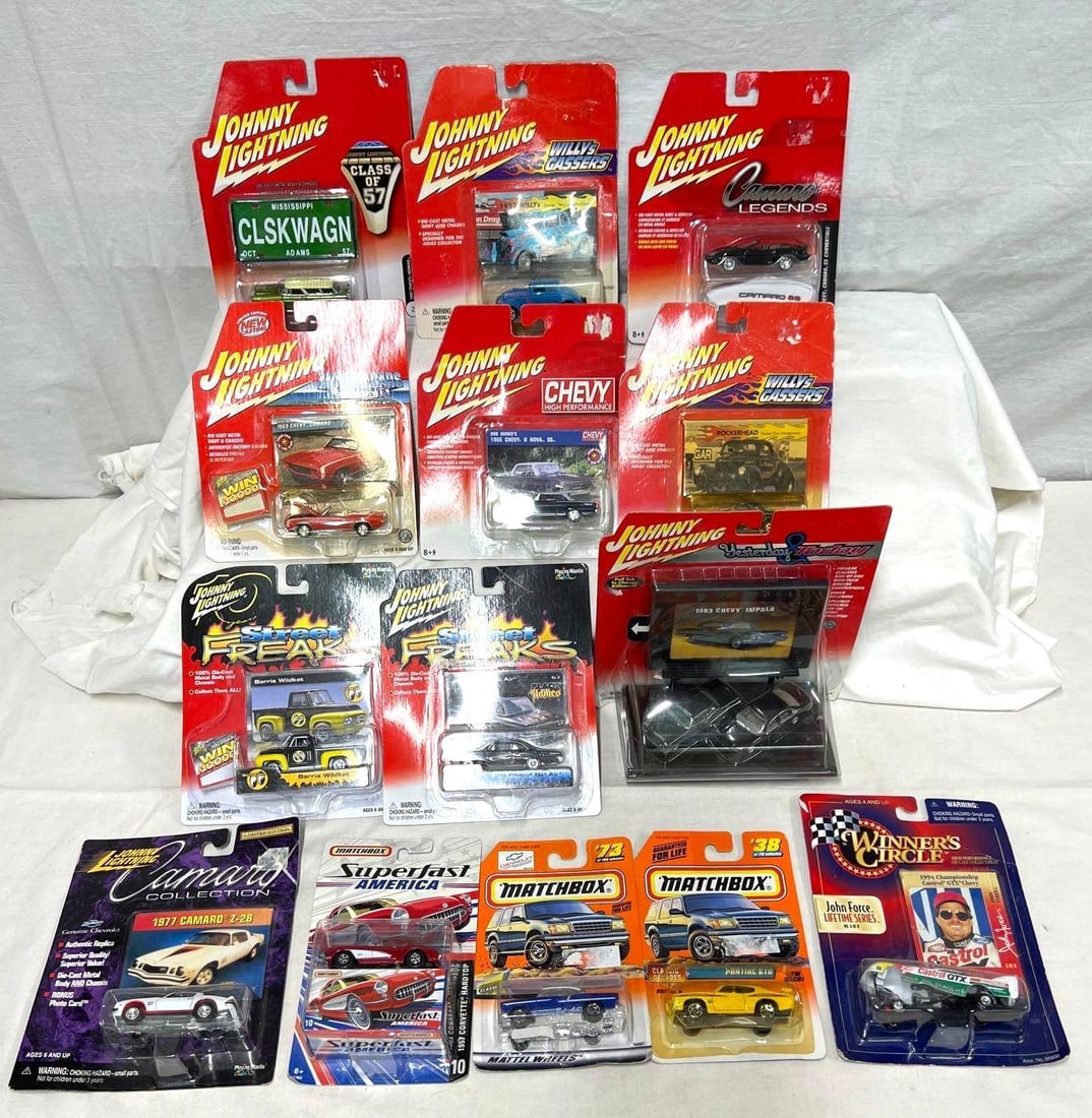 Johnny Lightning Matchbox die-cast 1:64 on card: Johnny Lightning Playing Mantis, Matchbox and Winner's Circle die-cast 1:64 scale cars on card. Cars have never been removed from packages, cards have some warping, prices stickers or removal of.