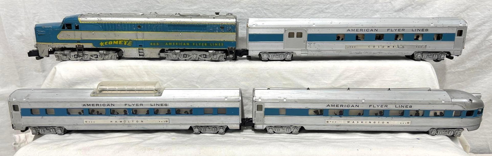 Postwar American Flyer S Gauge 466 960 962 963 blue: Postwar American Flyer S Gauge 466 Comet Alco PA diesel A unit (missing horns trim) with 960 Columbus combine, 962 Hamilton vista dome and 963 Washington observation (NO crack at original drumhead) bl