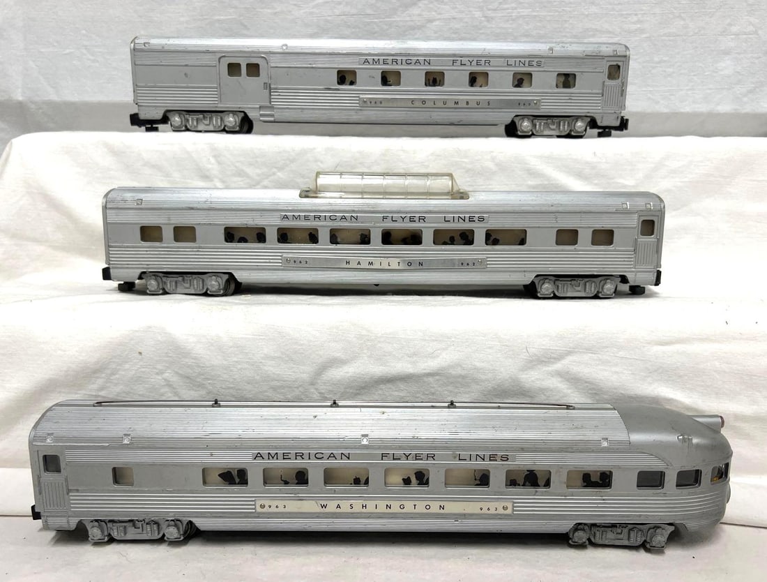 Postwar American Flyer S Gauge 960 962 963 passengers: Postwar American Flyer S Gauge 960 Columbus combine, 962 Hamilton vista dome, 963 Washington observation (tight hairline at bottom of original drumhead only) passenger cars, C5-6 962 has a small spot 