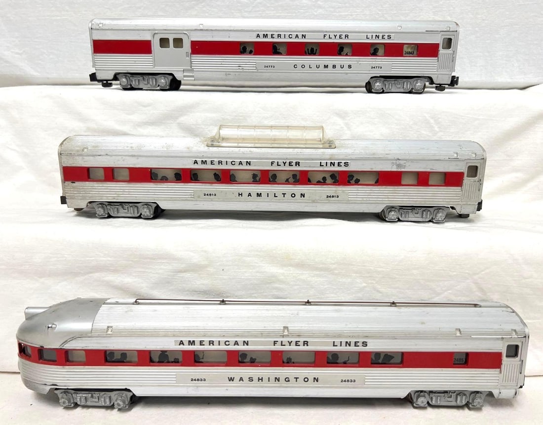 Postwar American Flyer S Gauge 24773 24813 24833: Postwar American Flyer S Gauge 24773 Columbus combine, 24813 Hamilton vista dome, 24833 Washington observation (NO crack at original drumhead), red stripe passenger cars, C5-6 dots of surface rust on 