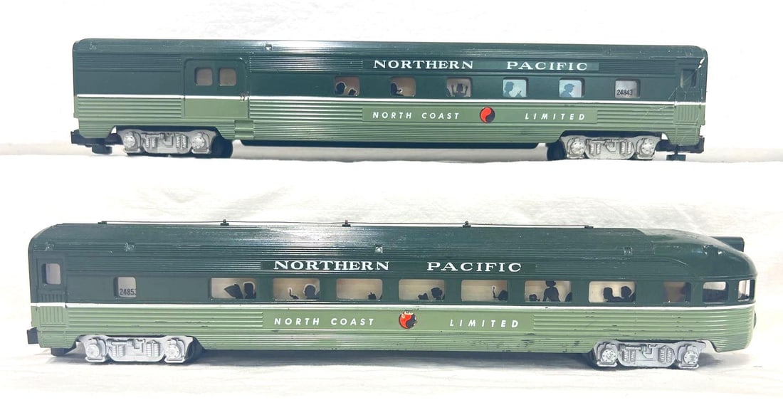 Postwar American Flyer S Gauge 24843 24853 NP: Postwar American Flyer S Gauge 24843 combine and 24853 observation, Northern Pacific passenger cars. Rubs on roof of observation car, crack at original drumhead, C6. Combine looks C6++. Please