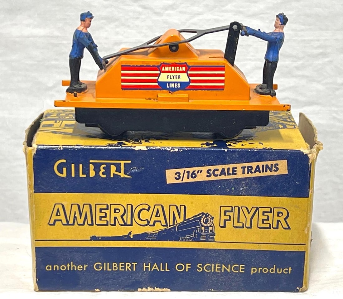 Postwar American Flyer S Gauge 740 hand car in box: Postwar American Flyer S Gauge 740 hand car in original box missing lanterns. One lantern mount is missing, other is present. With lanterns hand car would look C8. Box has tears at tuck flaps on one e