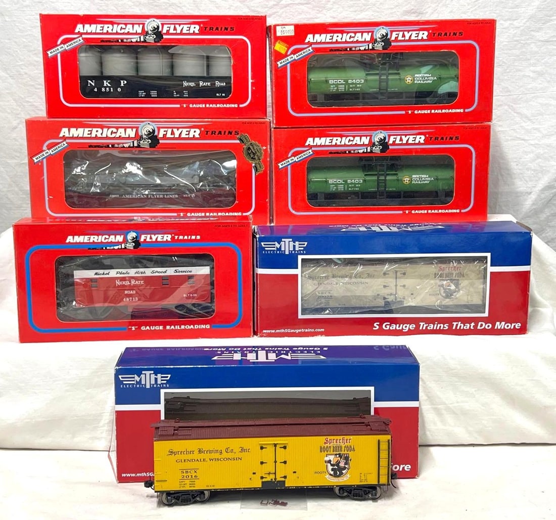 Modern Era American Flyer and MTH S Gauge in box: Seven Modern Era American Flyer by Lionel and MTH S Gauge freight cars in original boxes. American Flyer; 48713 Nickel Plate Road caboose, 48510 Nickel Plate Road gondola with canisters, 49009 America
