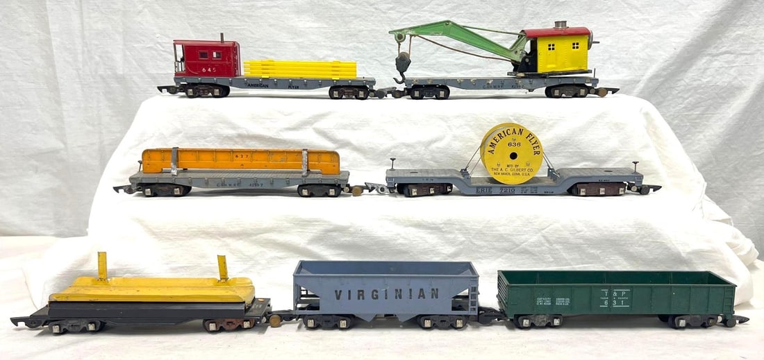 Postwar American Flyer S Gauge 632 638 635 627 631 645: Postwar American Flyer S Gauge freight cars C5-6; 632 Virginian die-cast hopper, 638 depressed center cable reel flatcar, 635 crane car, 627 flatcar with bridge girder, 631 T&P sandcar, 645 boom t