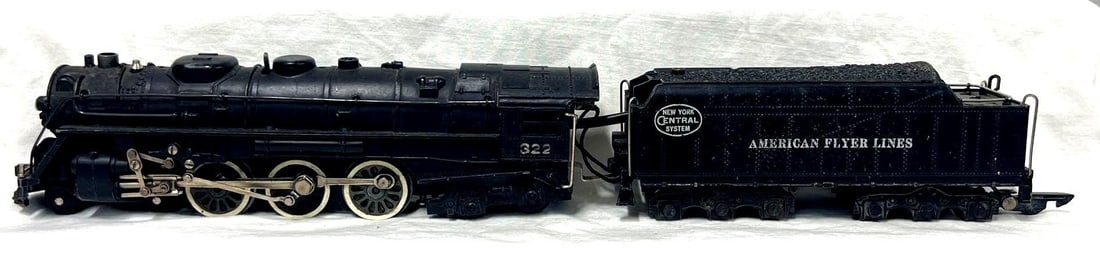 Postwar American Flyer S Gauge 322 NYC SIT 4-6-4: Postwar American Flyer S Gauge 322 NYC New York Central die-cast 4-6-4 steam locomotive and tender with smoke in tender SIT, tender is missing the screw cap and tiny ding in coal pile rim C6. Please v