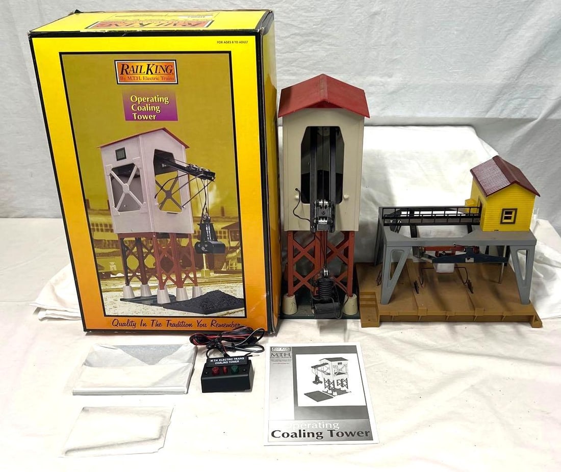 Modern Era RailKing MTH S Gauge 30-9043 and 30-9122: Modern Era RailKing MTH S Gauge 30-9043 operating coaling tower in original box, C6-7 and 30-9122 sawmill no box, dirty but appears never used C7. Please view the photos of the items in this lot caref