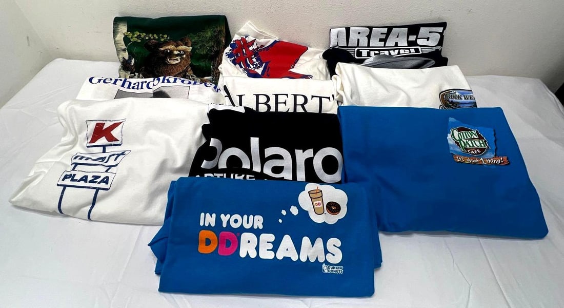 Ten Various Product and Places Tee Shirts Polaroid K-mart M.I. Hummel: Ten Various Product and Places themed Tee Shirts. All shirts are pre-owned but most appear to have never been worn. Nine shirts are X-Large and one is a large. Shirts will be shipped in a box. Please