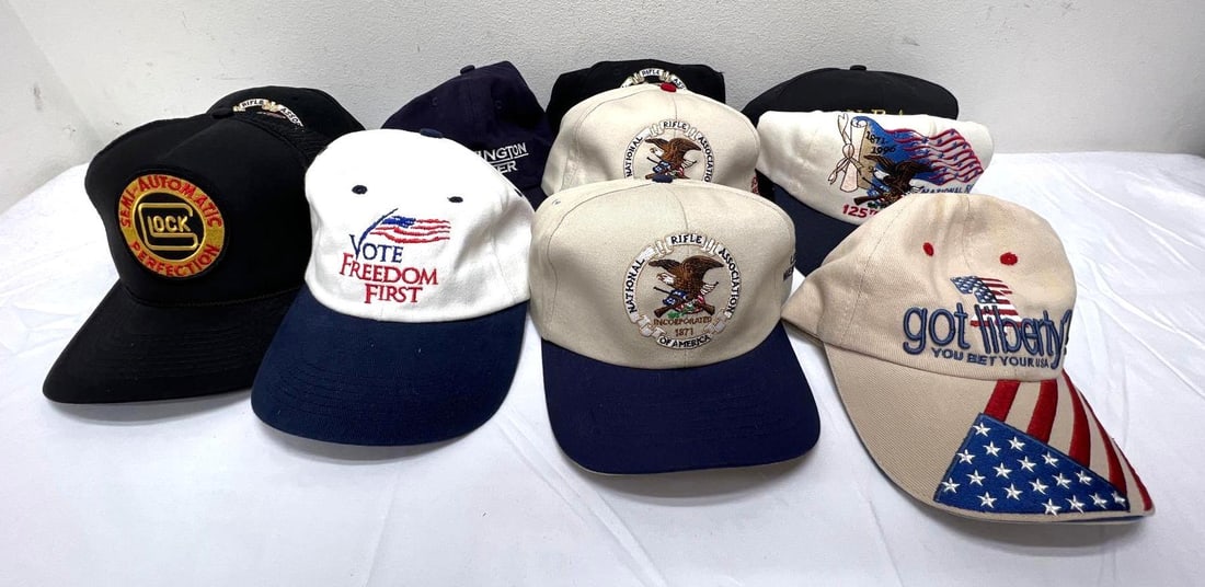 Ten National Rifle Association Base Ball Caps: Ten National Rifle Association base ball caps. All caps are pre-owned. Caps may or may not have been worn, some may or may not have been washed. Please view the photos of the items in this lot careful